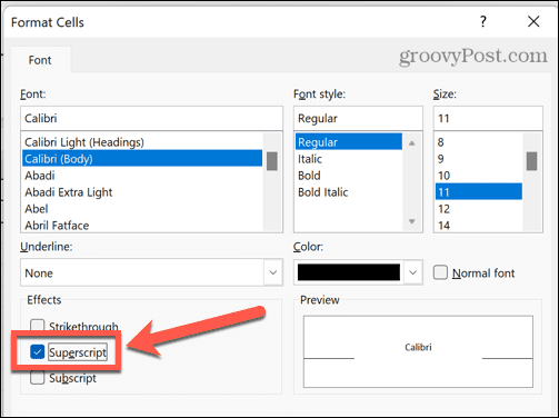 Excel-superscripttekst