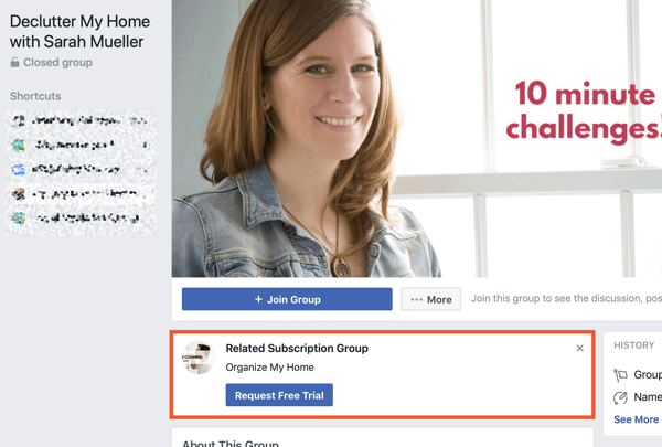 Hoe Facebook Groups-functies te gebruiken, voorbeeld van een gerelateerde abonnementsgroep voor Declutter My Home