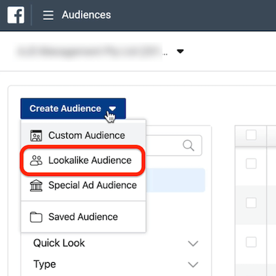 screenshot van de Lookalike Audience-optie omcirkeld in het vervolgkeuzemenu Create Audience in Advertentiebeheer
