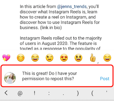 Instagram-bericht voorbeeld reactie reactie complimenteren en toestemming vragen om de inhoud opnieuw te plaatsen