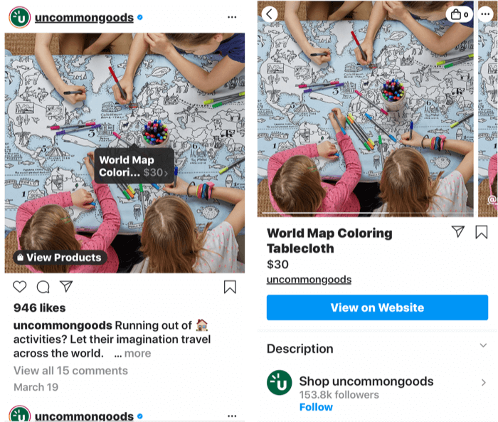 schermafbeeldingen met een instagram-tag die is toegevoegd aan een artikel dat kan worden gekocht, evenals de winkelpagina van het product zodra een bericht-tag is geselecteerd