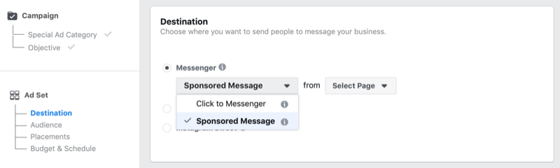 Facebook gesponsorde berichtoptie in Facebook Ads Manager