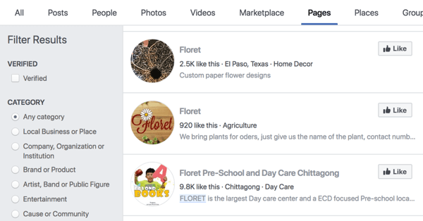 Zoekresultaten op Facebook-pagina's voor Floret.