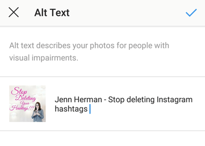 Hoe u alt-tekst aan Instagram-berichten toevoegt, stap 7, optie om wijzigingen in uw alt-tekst op te slaan