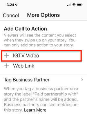 Optie om een ​​IGTV-videolink te selecteren om toe te voegen aan je Instagram-verhaal.