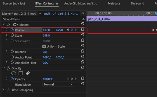 Instelling om de middenpositie voor elk frame in uw reeks in Adobe Premier Pro aan te passen.