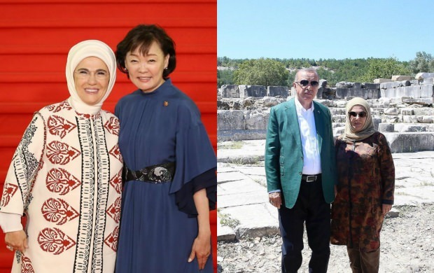 De satellietpasvorm van First Lady Erdogan in de trend sjaalstijl van 2019