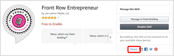 Klik op de link Delen voor uw vaardigheid in de Alexa Skill-winkel.