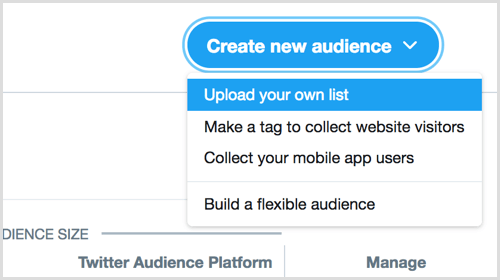 upload uw eigen lijst om een ​​nieuw publiek te creëren via Twitter Ads