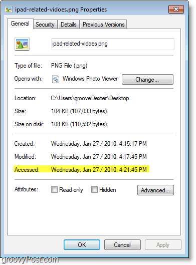 Schermafbeelding van Windows 7 - toegang tot datum wordt niet erg goed bijgewerkt