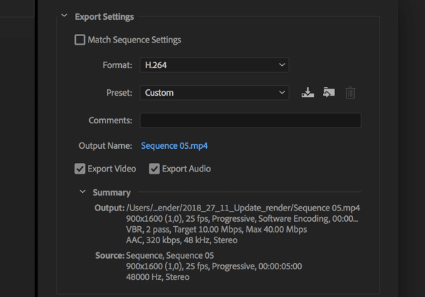 Instelling om uw Adobe Premier Pro-video te exporteren met de indeling ingesteld op H.264.