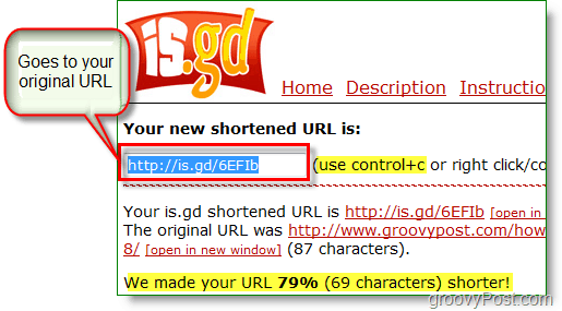 is.gd url verkorter screenshot - kopieer de nieuwe korte url