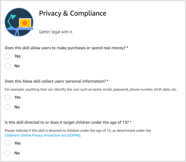 Beantwoord privacy- en nalevingsvragen voor je Alexa-vaardigheid.
