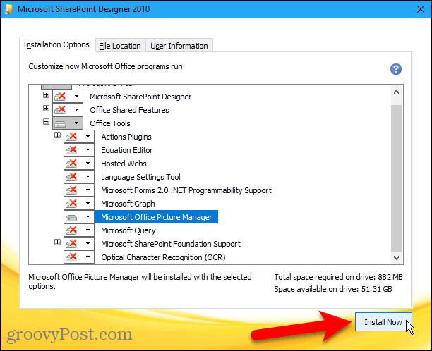 Klik op Nu installeren om Microsoft Office Picture Manager te installeren vanuit Sharepoint Designer 2010