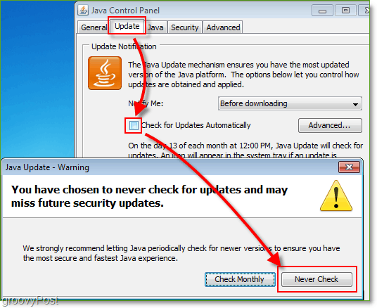 Screenshot: Windows 7 Schakel Java Update Checks uit