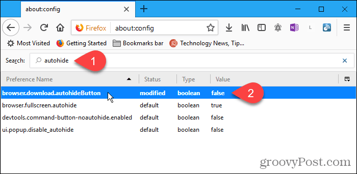 Dubbelklik op de configuratie-instelling autohideButton in Firefox