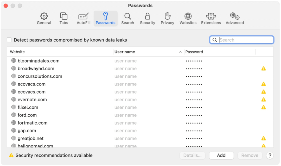 Safari voor Mac-wachtwoordvoorbeelden