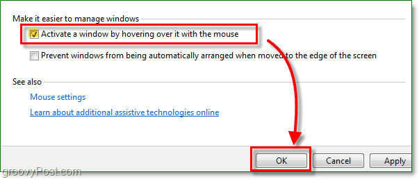 klik op het selectievakje naast om een ​​venster te activeren door erover te bewegen met de muis, allemaal nieuw voor Windows 7