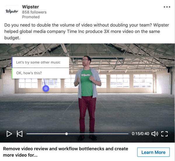 Hoe u op doelstellingen gebaseerde LinkedIn-advertenties kunt maken, een voorbeeld van een gesponsorde videoadvertentie door Wipster