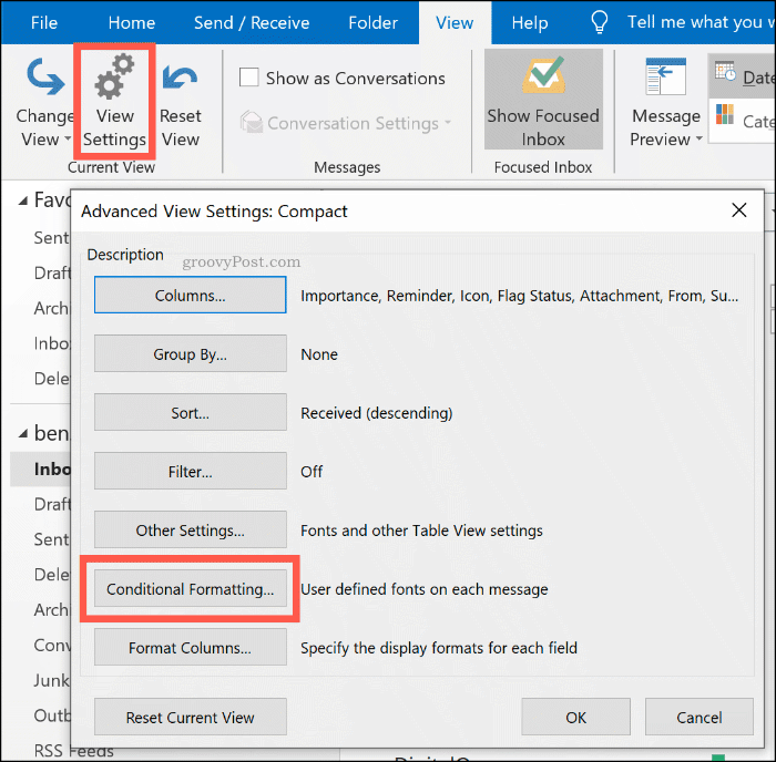 De knop Voorwaardelijke opmaakopties in Microsoft Outlook