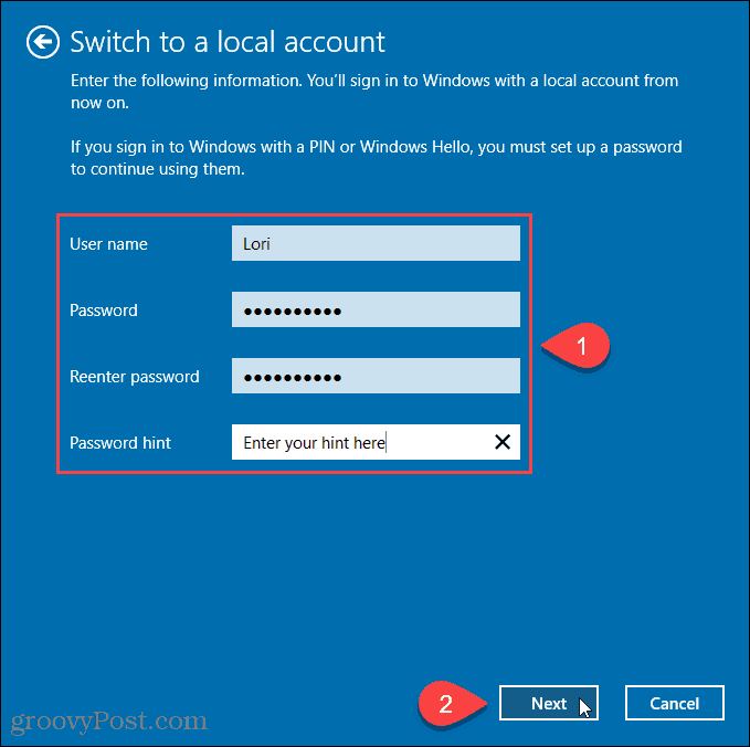 Voer gebruikersnaam en wachtwoord in voor een nieuw lokaal account
