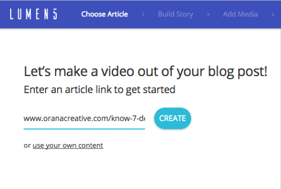 Voeg de URL toe voor het blogbericht waarvan u een Lumen5-video wilt maken.
