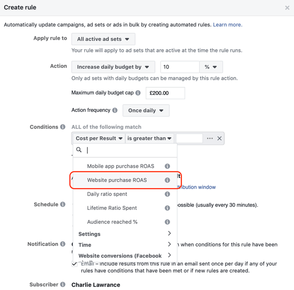 Gebruik geautomatiseerde Facebook-regels, verhoog het budget wanneer ROAS groter is dan 2, stap 3, stel voorwaarden
