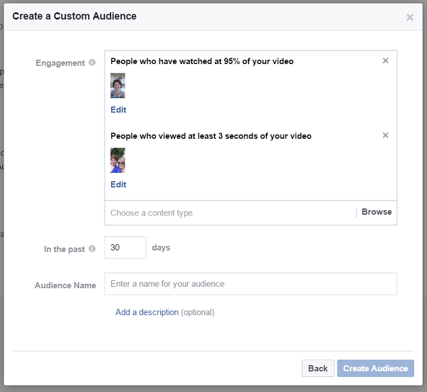Creëer een aangepast publiek van mensen die verschillende video's hebben bekeken op uw Facebook-bedrijfspagina.