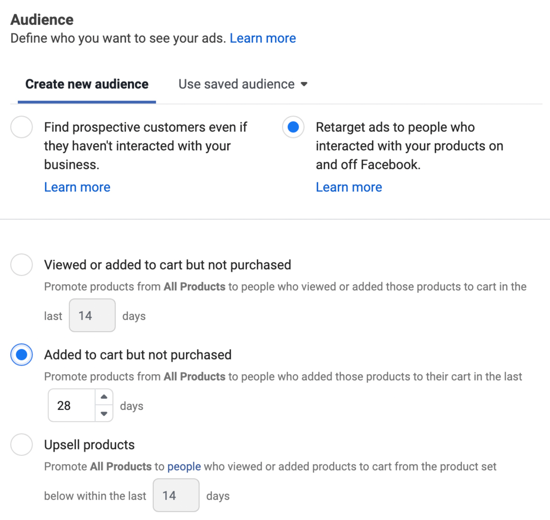 afbeelding van Retarget-advertenties voor mensen die interactie hebben gehad met uw producten op en buiten Facebook, optie geselecteerd in Advertentiebeheer