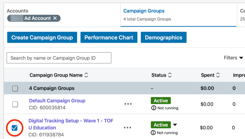 LinkedIn-campagnemanager-dashboard met de nieuwe campagnegroep gemarkeerd