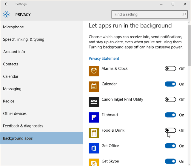 Schakel achtergrond-apps uit Windows 10