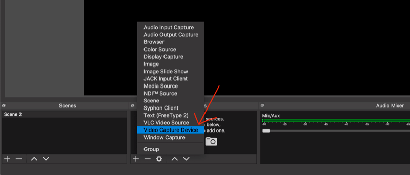 selecteer Video Capture Device in het pop-upmenu in OBS Studio