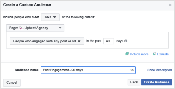 Kies opties om een ​​aangepaste Facebook-doelgroep in te stellen op basis van mensen die de afgelopen 90 dagen een bericht of advertentie hebben geplaatst