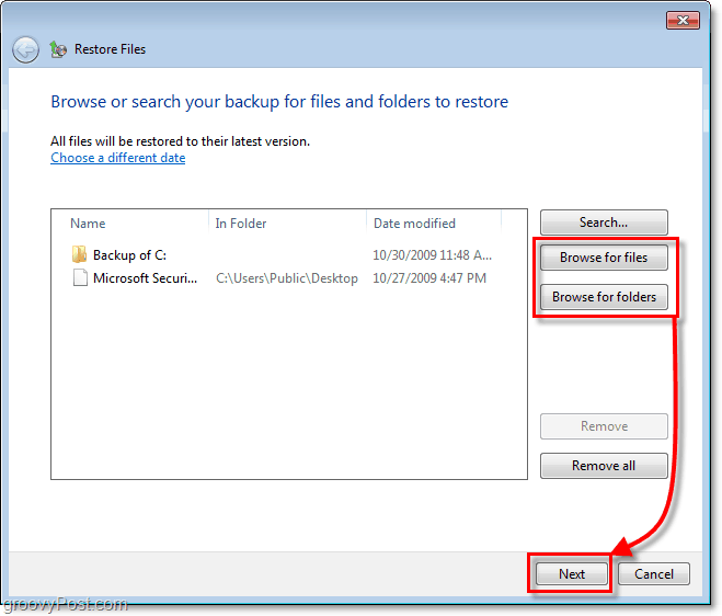 Windows 7 Back-up - selecteer welke bestanden of mappen u wilt herstellen