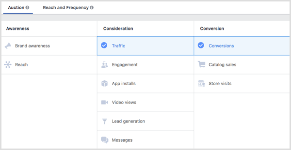 Kies Verkeer of Conversies als uw Facebook-campagnedoelstelling.