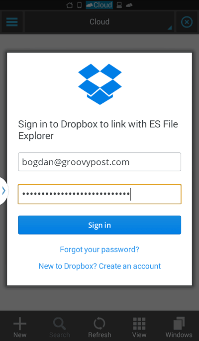 ES File Explorer login Dropbox