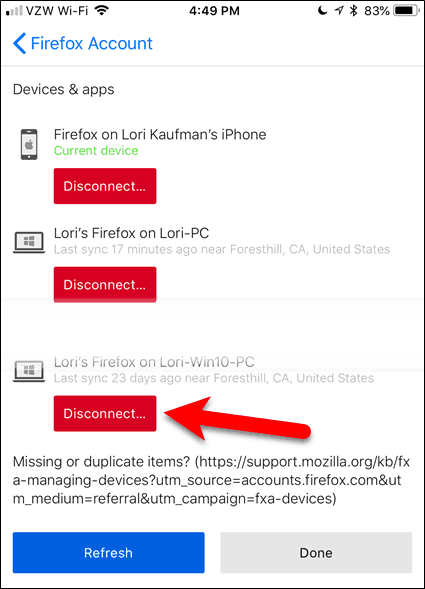 Ontkoppel een apparaat in Firefox voor iOS