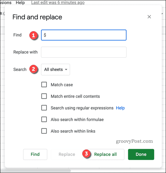 Menu zoeken en vervangen in Google Spreadsheets