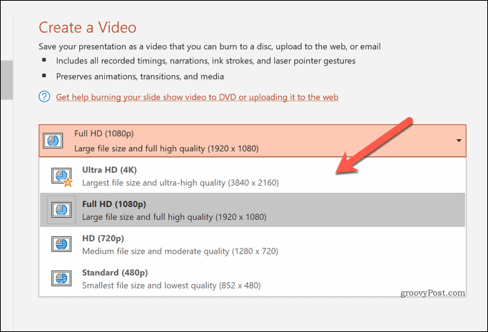 Bepalen van de kwaliteit van geëxporteerde video's in PowerPoint