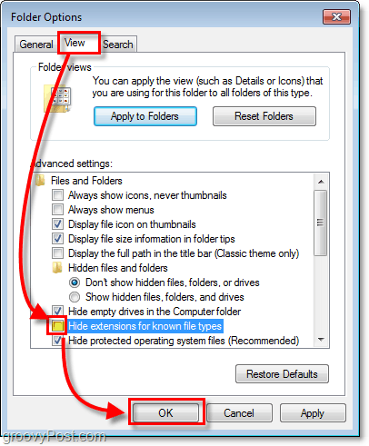 Klik in het dialoogvenster met mapopties van Windows 7 op het tabblad Weergave en schakel vervolgens Verberg extensies voor bekende bestandstypen uit