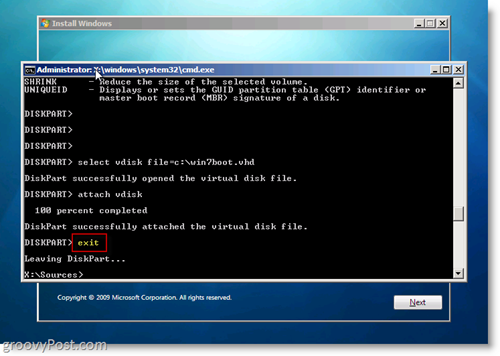 Windows 7 Native VHD Installeer Dual Boot Exit CMD-prompt