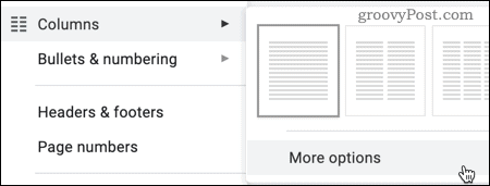 De optie Meer opties voor kolommen in Google Documenten