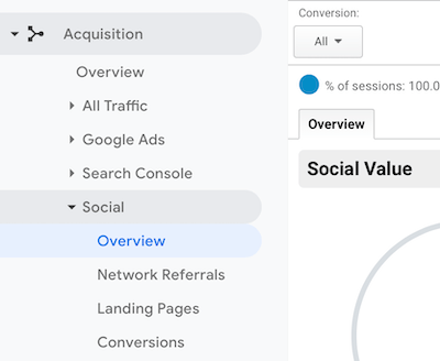 navigatiemenu in Google Analytics met Sociaal> Overzicht geselecteerd