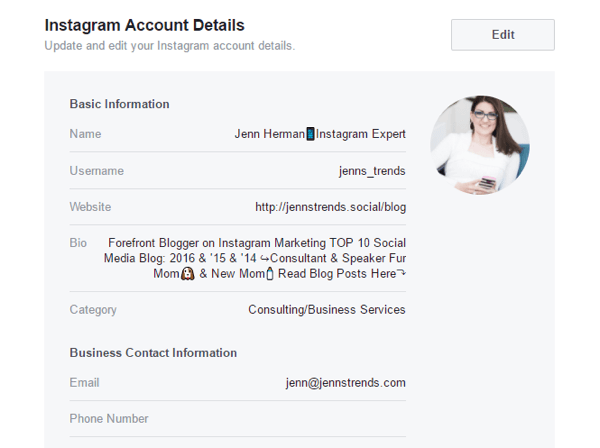 U kunt enkele Instagram-accountgegevens bewerken via de instellingen van uw Facebook-pagina.