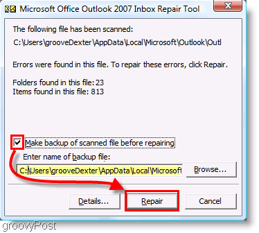 Schermafbeelding - ScanPST-herstelmenu van Outlook 2007