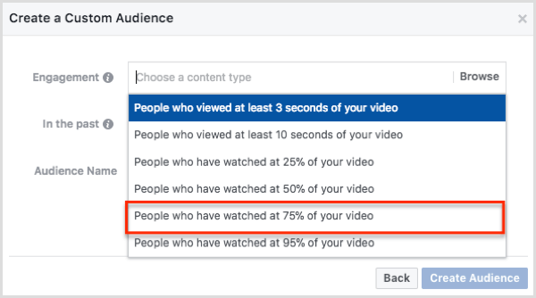 Selecteer Mensen die 75% van uw video hebben bekeken in het dialoogvenster Een aangepaste doelgroep maken.