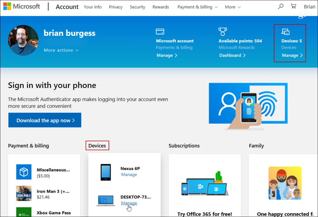 Dashboard van Microsoft-account
