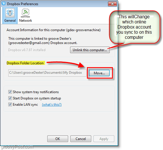 Dropbox-schermafbeelding - wijzig de standaardlocatie van dropbox of wijzig / verwijder dropbox-accounts