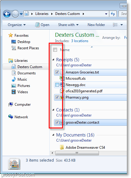 Schermafbeelding van Windows 7 - gebruik selectievakjes om uw items te selecteren, groovy!