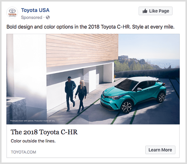 Facebook-engagement-advertentie van Toyota bevat de turkooizen Toyota C-HR en heeft een knop Meer informatie.